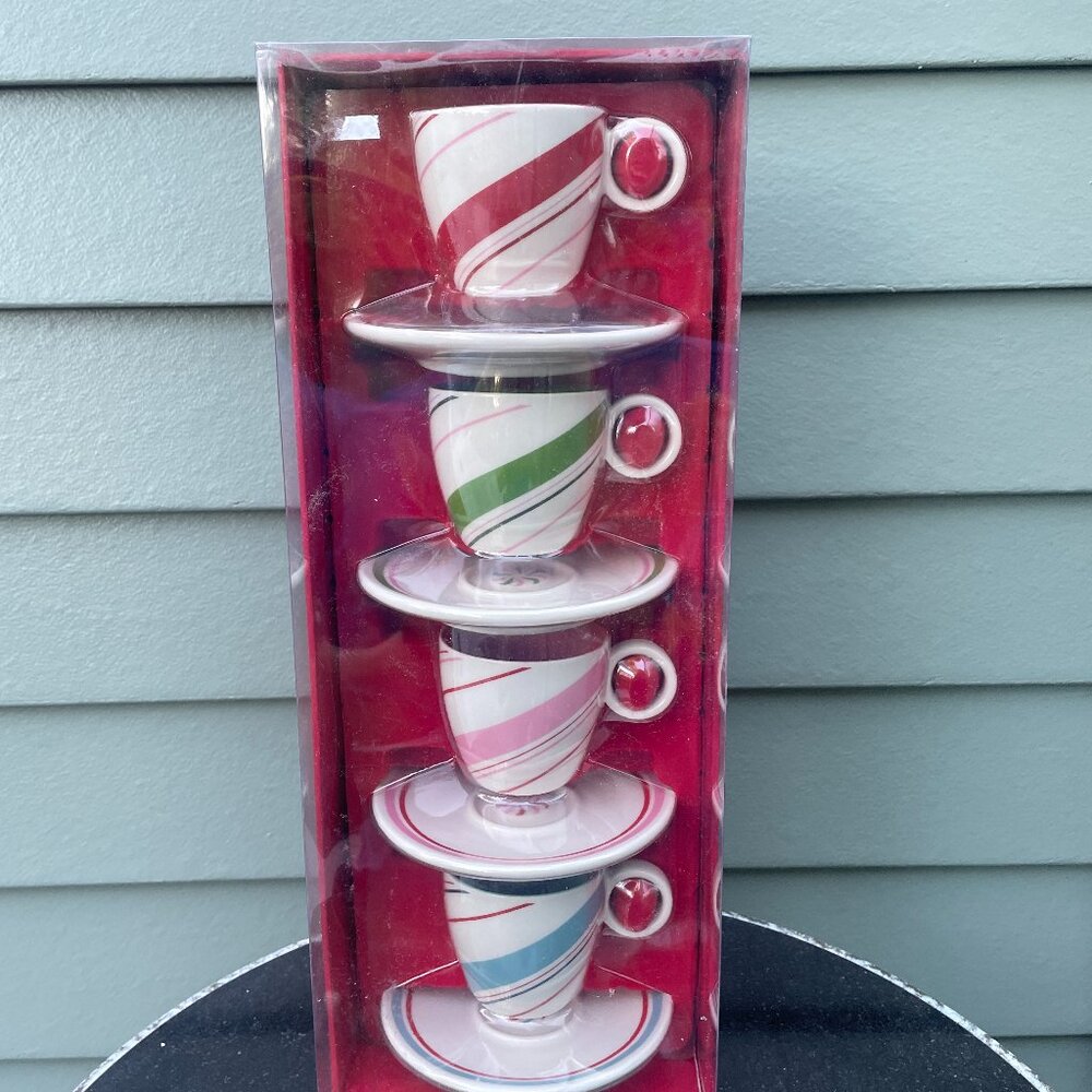 Starbucks Holiday Candy Cane Striped Christmas Espresso Cup Saucer Set Brand New